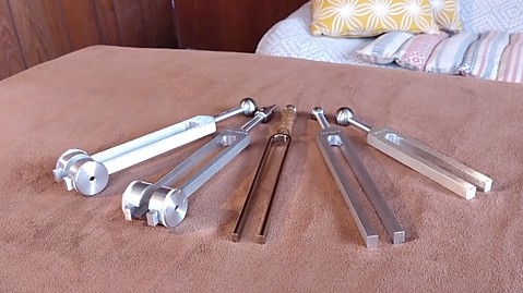 施術ベッドに並べられたセラピー用の音叉の画像